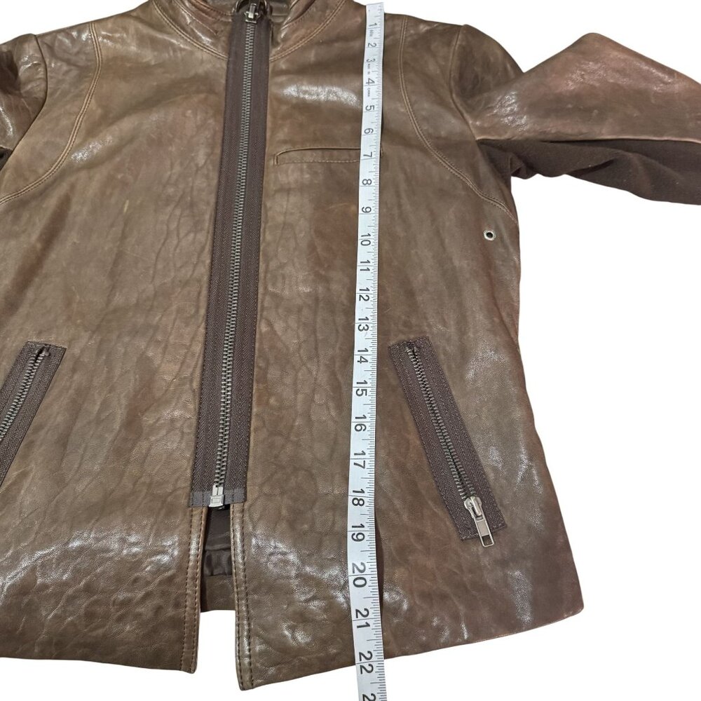 VEDA Brown Leather Moto Jacket Cropped Zip Front Stretch Panel Women’s XS - Picture 7 of 9